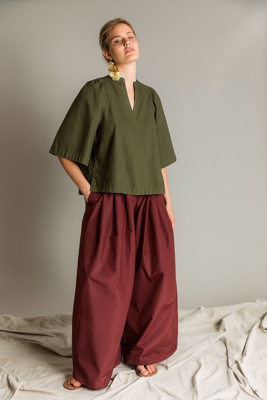 Psophia Vazquez De Castro Poplin Cropped Tunic Top in Olive Green Small